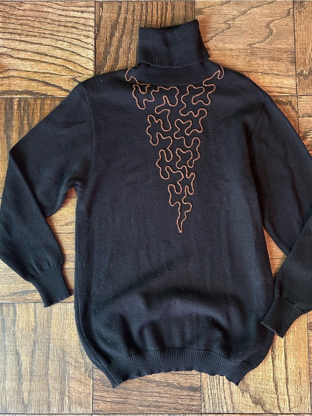 Black Turtleneck Sweater with Brown Contrast Stitching